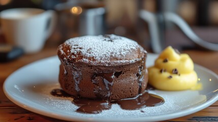 Close-up of a decadent chocolate lava cake with a scoop of vanilla ice cream and powdered sugar.