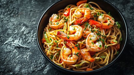 Stir fry noodles with vegetables and shrimps in black bowl Slate background Top view Copy space : Generative AI
