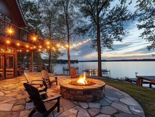 Outdoor patio by a lake at dusk featuring a cozy fire pit surrounded by string lights and comfortable seating, set under tall trees, creating a warm and inviting atmosphere for evening relaxation.