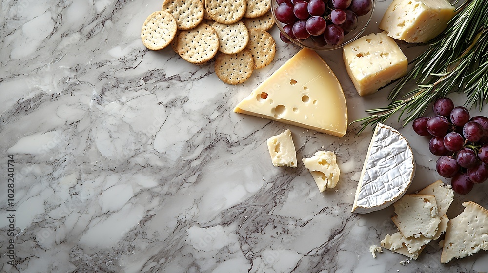 Poster Assortment of cheese grapes and crackers Marble background Top view Copy space : Generative AI