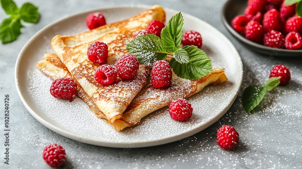 Poster Thin crepes with raspberry in white plate Marble background Top view : Generative AI