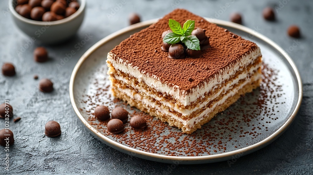 Poster tiramisu cake with chocolate decotaion on a plate grey stone background top view copy space : genera