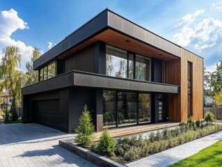 Contemporary two-story house with dark wood and black exterior, surrounded by a well-kept garden and set against a clear sky.
