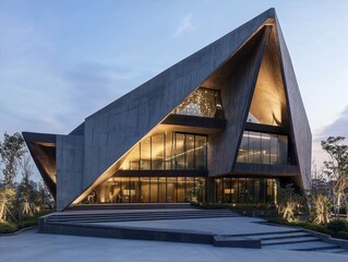 Modern house with an A-frame design and large glass windows, set among trees with warm interior lighting glowing at twilight.