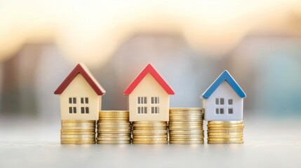 Miniature houses on stacks of coins showing real estate investment concept.