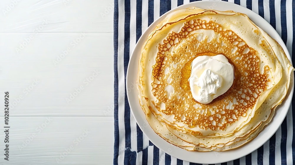 Poster thin crepes or pancakes with butter honey and sour cream on a striped textile navy blue and white ba
