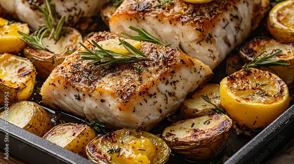 Poster roasted cod codfish with baked potatoes and artichokes with lemon and herbs sauce on a white backgro