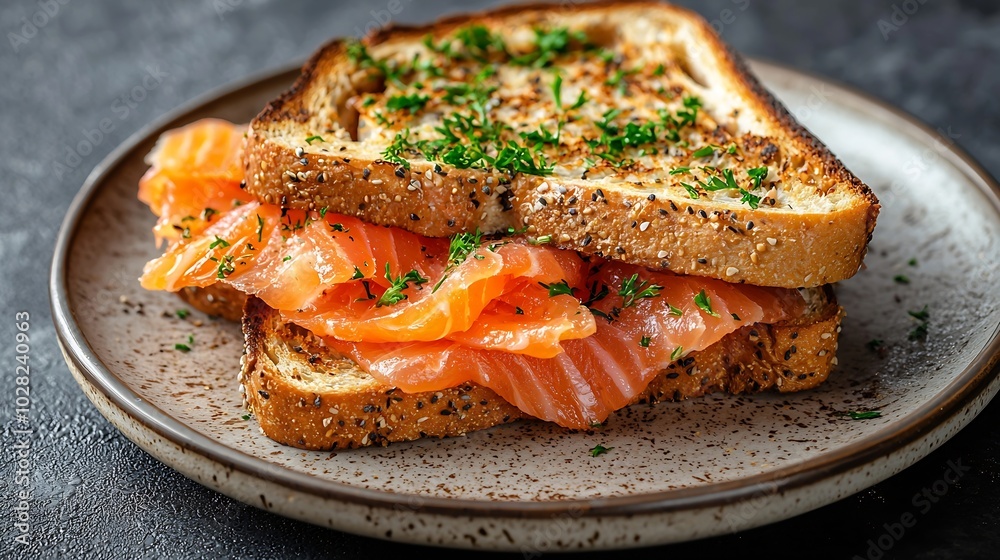 Poster Sandwich toast with smoked salmon and cream cheese on plate Grey background Copy space Top view : Generative AI