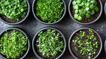 Assortment of micro herbs in containers Grey background Close up Top view : Generative AI
