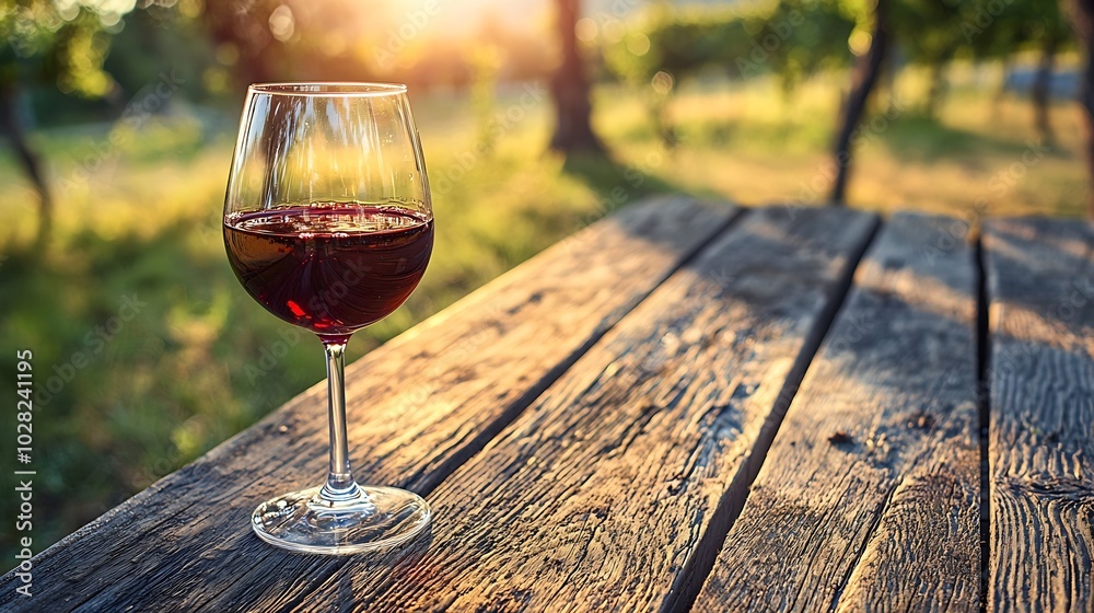 Poster glass of red wine on wooden table copy space close up : generative ai