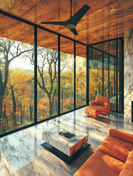 interior of a house, fall scene, orange brown lether chair, with large windlow with nice fall leave view