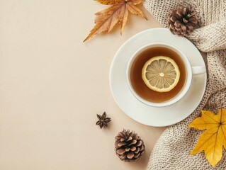 A warm cup of tea with a lemon slice in a white saucer, surrounded by star anise, pine cone, and cozy knitted fabric on a beige background.