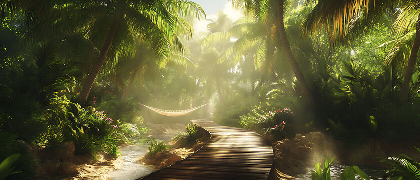 A wooden path leads through a lush tropical jungle with sunlight filtering through the trees, revealing a hammock hanging between two palms.