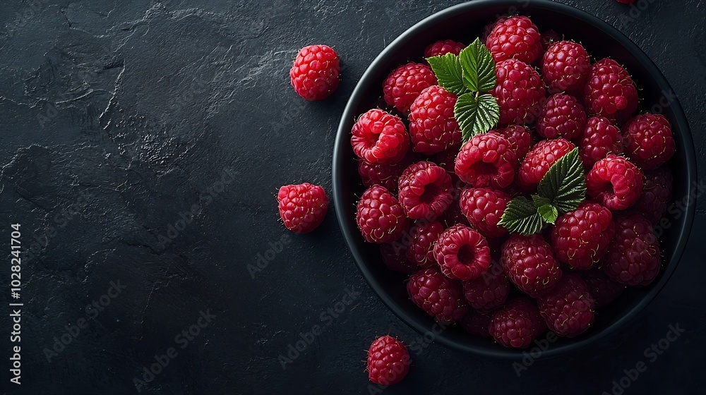 Poster Fresh raspberries on a black bowl Stone background Top view : Generative AI