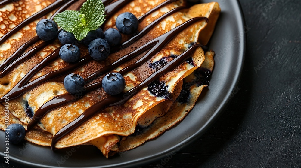 Poster crepes thin pancakes with chocolate sauce and fresh blueberries grey background top view : generativ