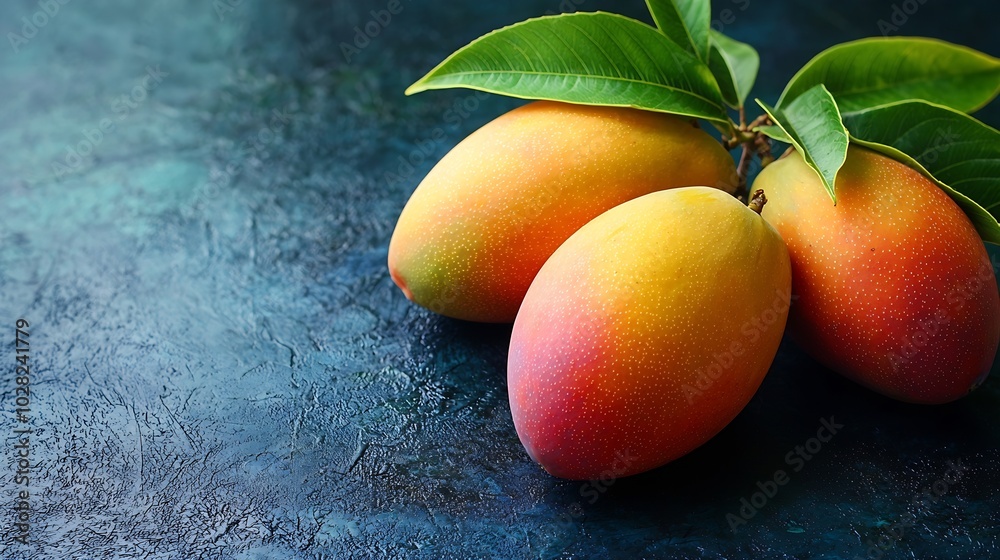 Poster fresh mango organic fruit on blue background top view close up : generative ai