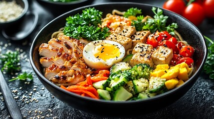 Asian noodle soup ramen with chicken tofu vegetables and egg in black bowl Slate background Copy space : Generative AI