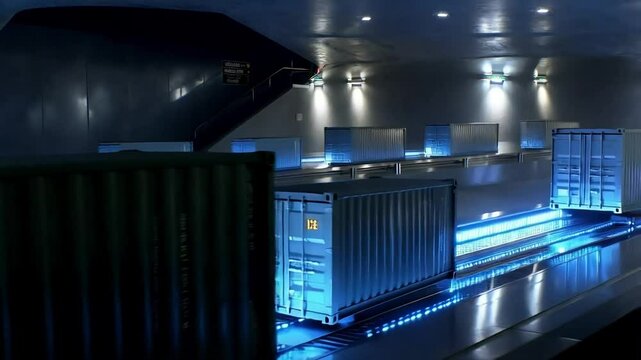 A futuristic underground freight conveyor system moving containers along glowing tracks beneath a busy city, with no people around.
