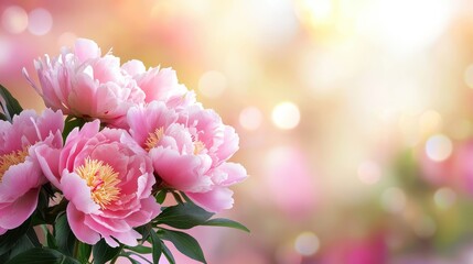 Obraz premium A soft-focus image of pink peonies arranged in a bouquet, their large blooms forming a lush and vibrant floral background.