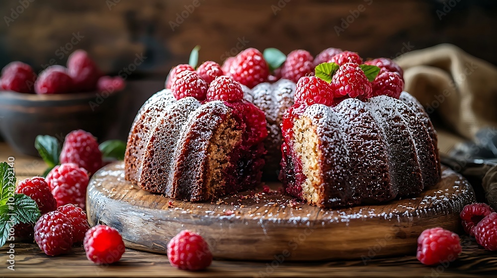 Poster chocolate marble bundt cake with raspberry on wooden background copy space : generative ai
