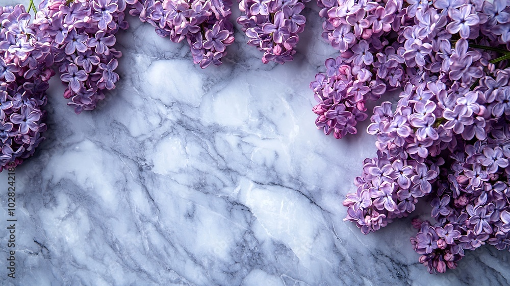 Poster lilac flowers on marble background copy space top view : generative ai