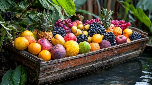 Tropical fruits assortment in wooden boat Outdoor tropical background Copy space : Generative AI - Powered by Adobe