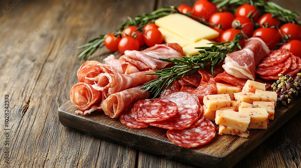 Poster cheese and meat appetizers on cutting board on wooden background copy space top view : generative ai