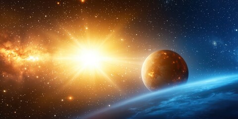 Naklejka premium A surreal galaxy and planet background featuring a distant planet and swirling cosmic clouds filled with stars.