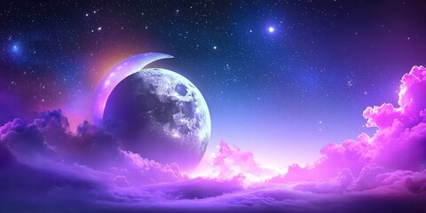 A surreal galaxy and moon background featuring a large moon, distant stars, and glowing nebula clouds.