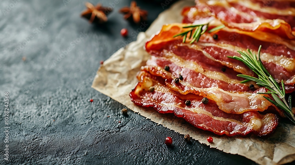 Poster Raw bacon with rosemary and spices slices on parchment paper Grey slate background Copy space Top view : Generative AI