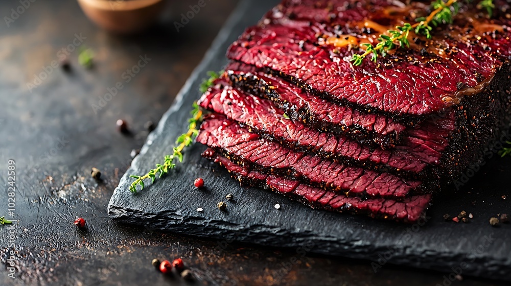 Poster roasted beef pastrami on slate cutting board top view : generative ai