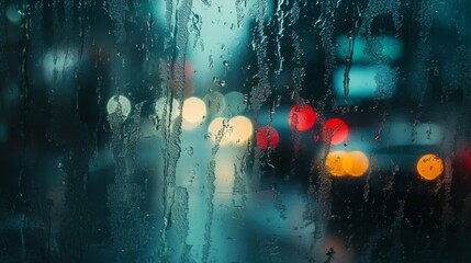 Rain-Streaked Window with Blurry City Lights