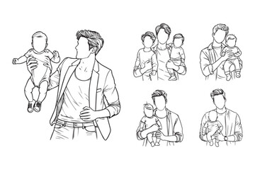 Line art depicting a cheerful baby with a foster father