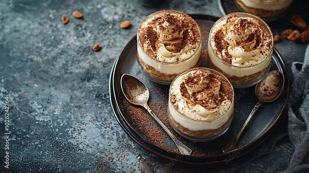 Poster Tiramisu dessert in glasses Dark grey background Copy space Top view : Generative AI
