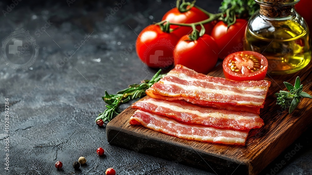 Poster raw bacon slices with herbs oil and tomatoes on wooden cutting board grey background copy space top 