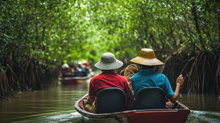 Travelers taking a boat ride through a mangrove forest in Asia, with a guide pointing out local wildlife like monkeys and tropical birds, promoting eco-friendly nature tourism