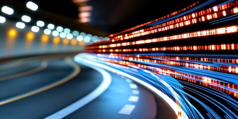 Fototapeta premium Futuristic Highway Tunnel with Blue and Red Light Streaks