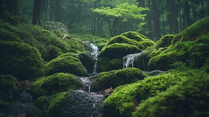 Obraz premium Moss-Covered Rocks and a Trickling Stream in a Lush Forest