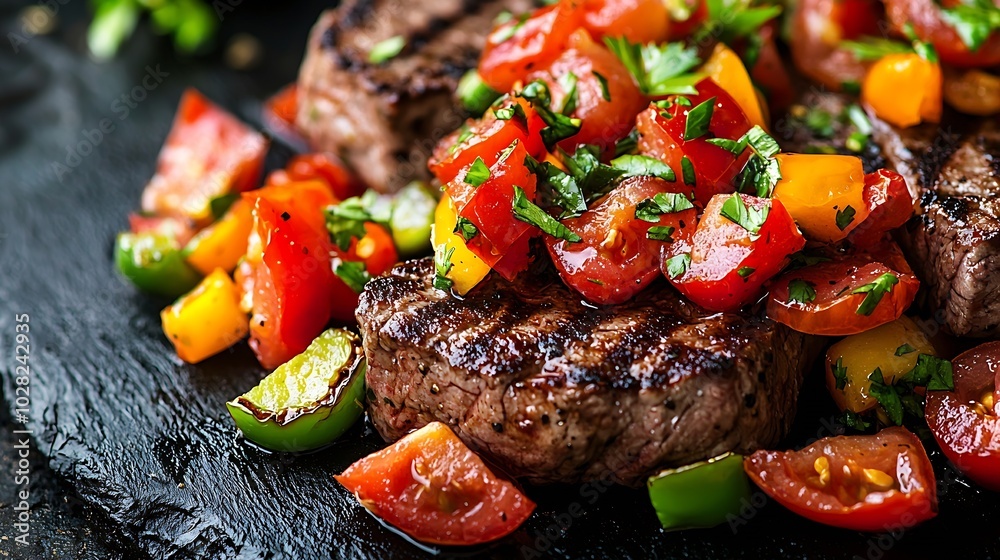 Poster Beef steak well done with tomato and pepper salsa on a dark wooden background : Generative AI