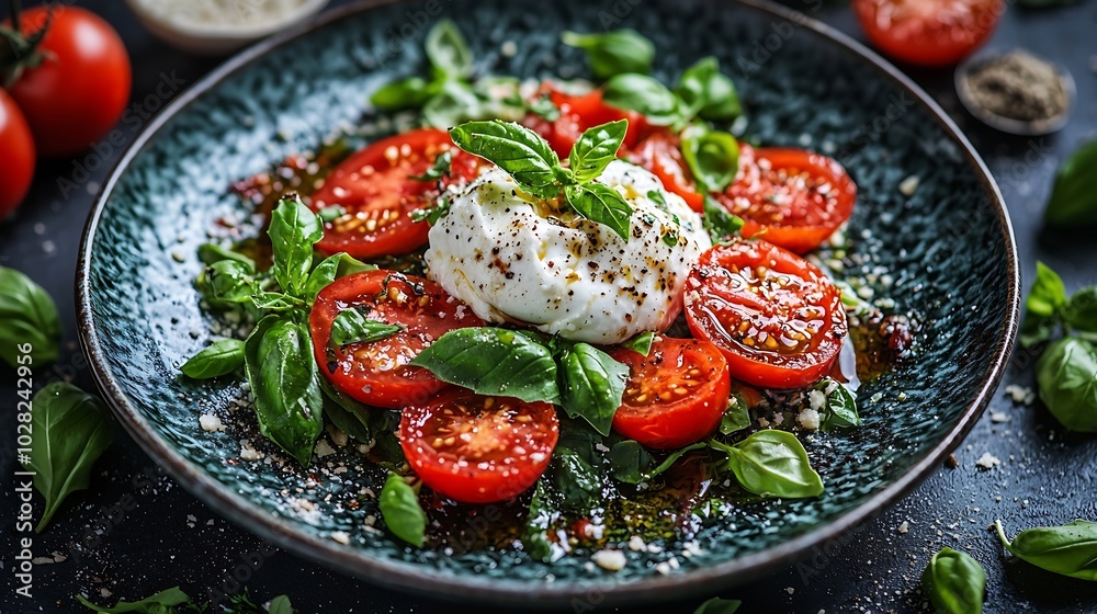 Poster caprese salad with tomatoes mozzarella burrata cheese and basil dark background close up top view : 