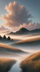 A tranquil dawn sky with wisps of clouds floating close to the ground, bathed in soft morning light as the day begins
