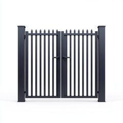 Black iron gate with vertical bars against a white background. Transparent PNG