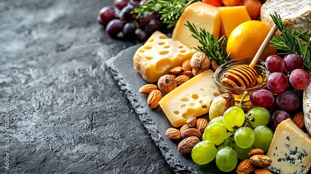 Aufkleber Assortment of cheese with honey nuts and grape on a modern cutting board slate background : Generative AI