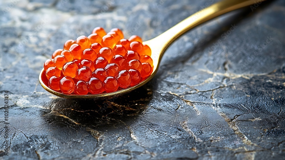 Poster red salmon caviar in golden spoon marble background close up : generative ai