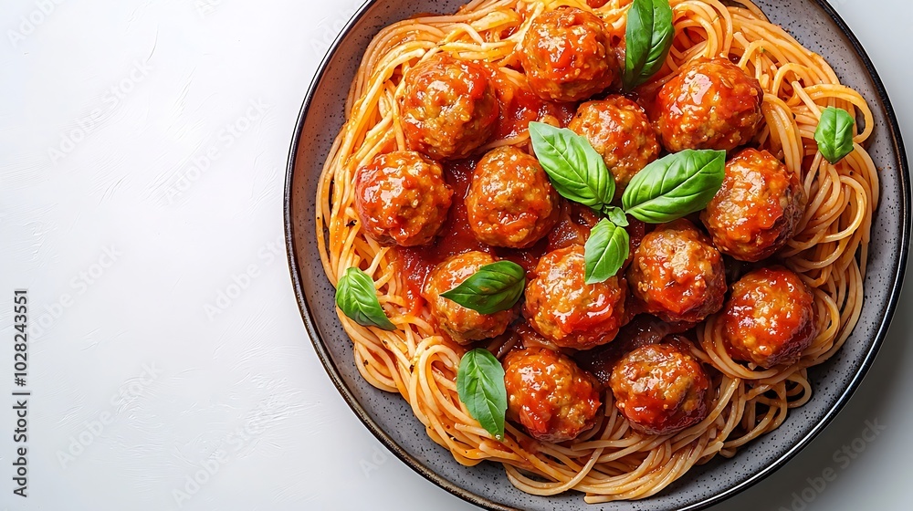 Poster meatballs in tomato sauce and fresh basil with spaghetti on a white background top view : generative