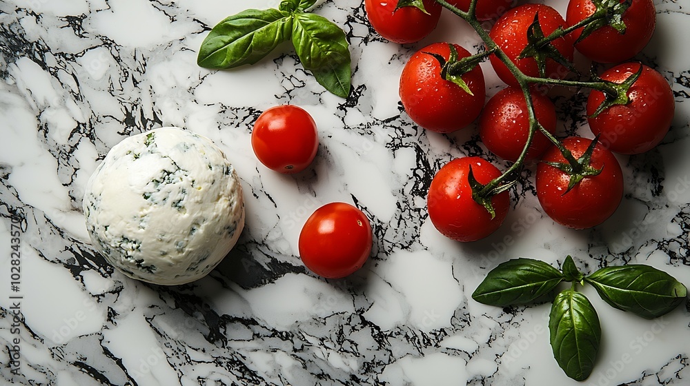 Poster mozzarella cheese ball with cherry tomatoes and basil leaves marble background copy space top view :