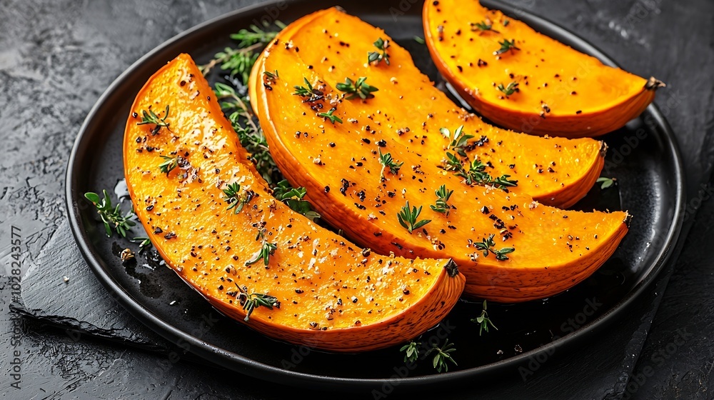 Poster roasted pumpkin with honey glaze and herbs on a black plate slate background copy space top view : g