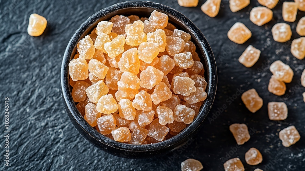 Poster candied ginger in black bowl on dark stone background close up copy space : generative ai