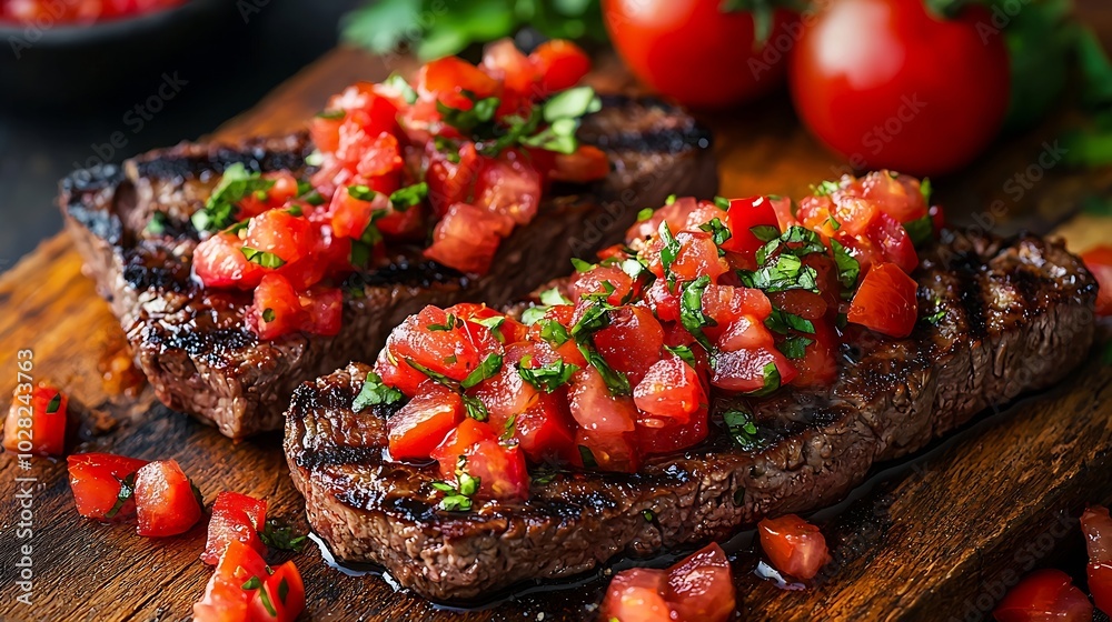 Poster Beef steak well done with tomato and pepper salsa on a wooden background : Generative AI