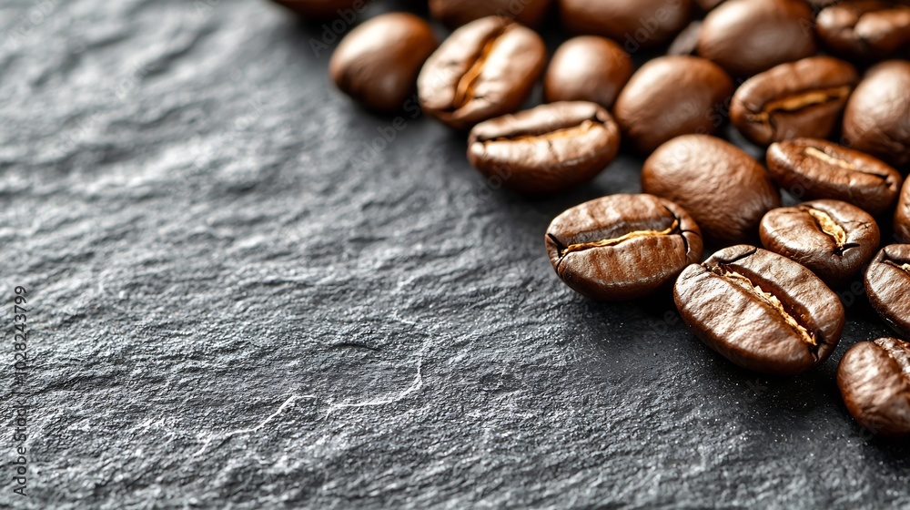 Poster coffee beans on grey slate background close up copy space : generative ai